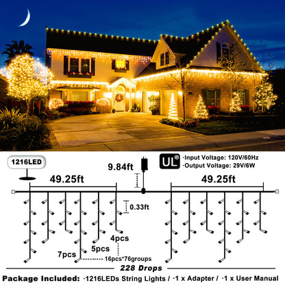 Warm White Christmas Lights Outdoor - 99ft 1216 LED 8 Modes Hanging Dripping Icicle String Lights with 228 Drops, Plug in Waterproof Timer Memory for House Home Holiday Yard Wedding Party Indoor