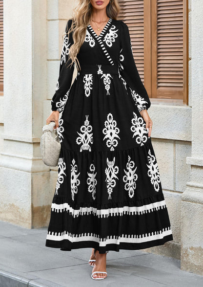 PRETTYGARDEN Women's 2025 Fall Wedding Guest Dresses Boho Floral Long Sleeve V Neck Flowy Elegant Maxi Dress Beach Clothes