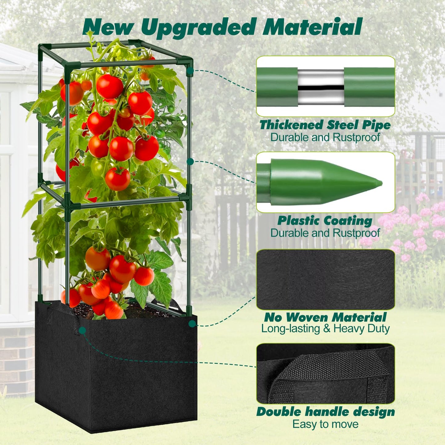 SUNXIZ 3 Pack Tomato Cages 47 Inch for Garden with 19.5 Gallon Square Grow Bags Planter Pots with Heavy Duty Trellis Plant Stakes Support Frames for Vertical Climbing Cucumber Vegetables Flowers