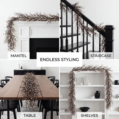Quixem 60 Inch (5FT) Rustic Black and Cream Pip Berry Garland for Fireplace Mantel & Table Runner, Flexible Wired Artificial Vine, Everyday Modern Farmhouse Decor, Precise Size