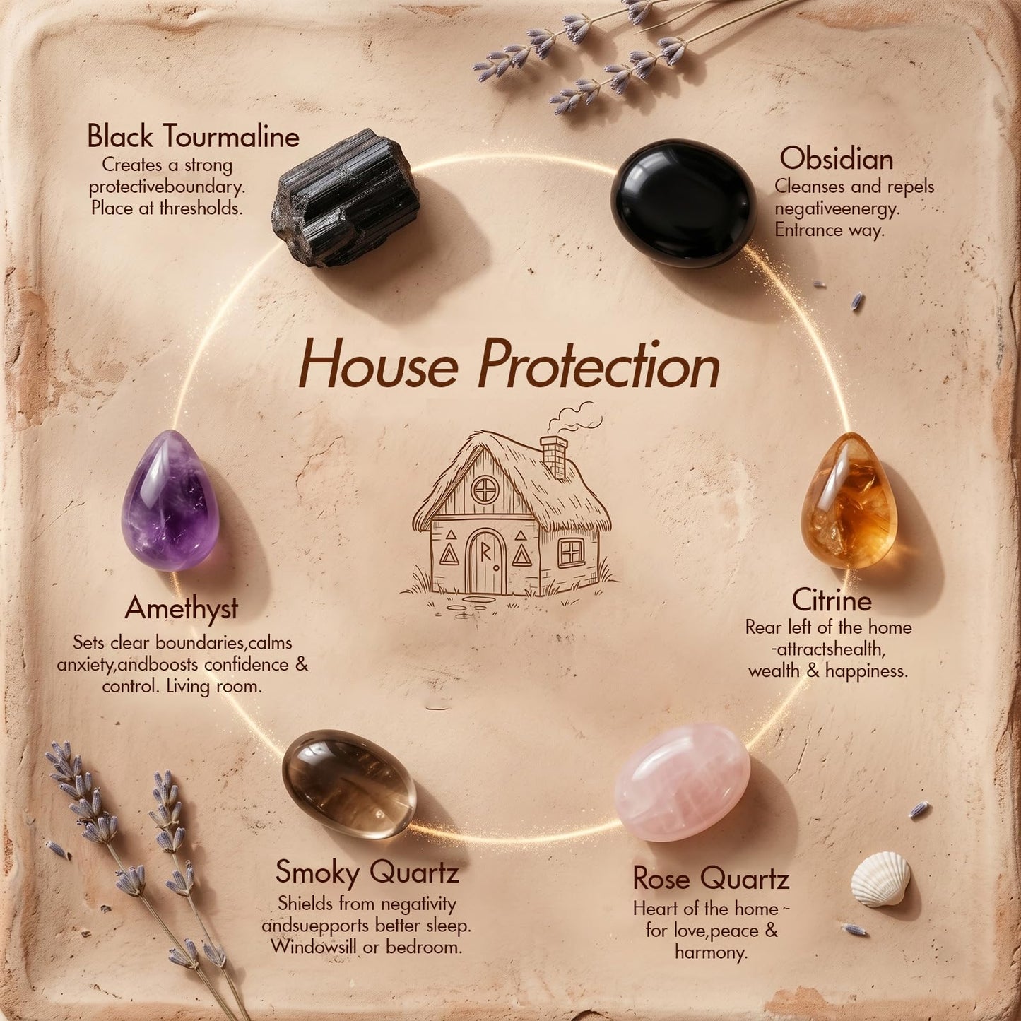 House Protection Crystal Set - 6 Healing Stones for Negative Energy Removal, EMF Cleansing & Spiritual Blessing - New Home Gift with Blessing Card & Gift Box