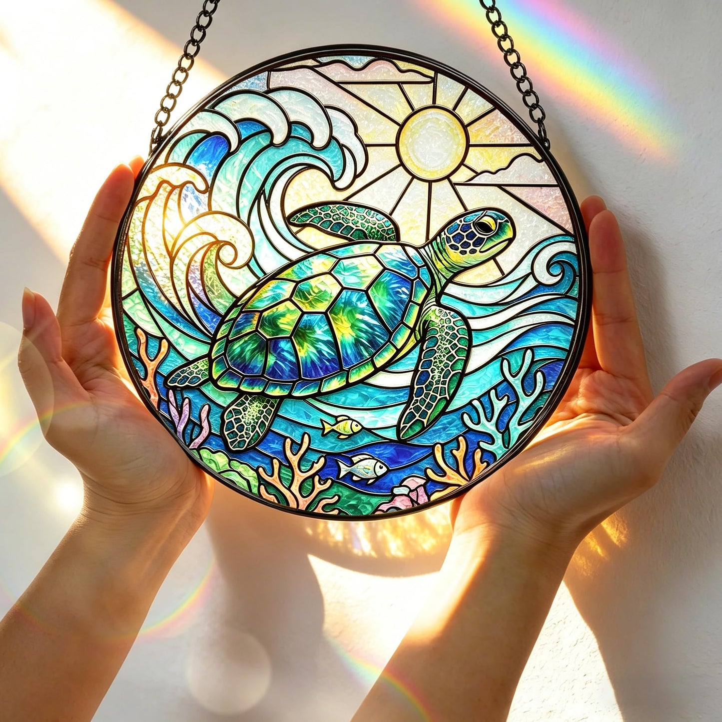 Stained Glass Window Hanging, 7.8 Inch Sea Turtle Stained Glass Suncatcher, Ocean Wave Window Hanging Ornament, Coastal Beach Decor, Sea Turtle Gifts for Ocean Lovers, Nature Lovers & Beach House