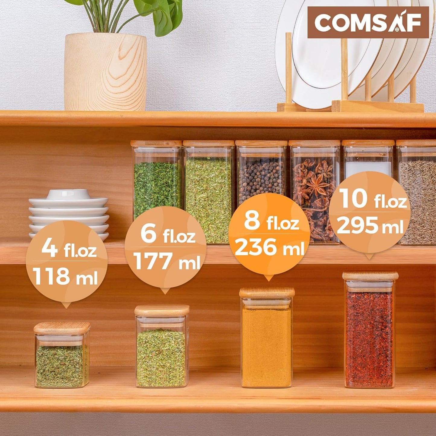 ComSaf 16Pcs Glass Spice Jars with Bamboo Lid, 4oz Airtight Square Spice Containers with 275 Black Lables, Empty Seasoning Jars for Spice Salt Sugar