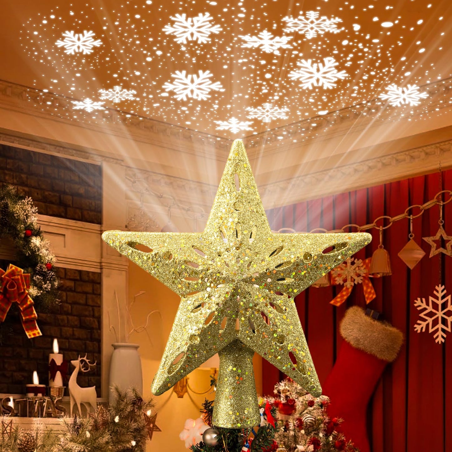 Christmas Tree Topper Lighted Star,3D Hollow Sparkling Star Christmas Tree Topper with 6 Patterns Rotating Magic Cool White Snowflake Projector, Plug in Gold Tree Topper for Tree Ornament