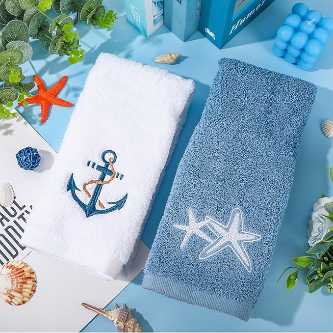 3Pcs Nautical Hand Towels Cotton Embroidered Bathroom Towels Anchor Starfish