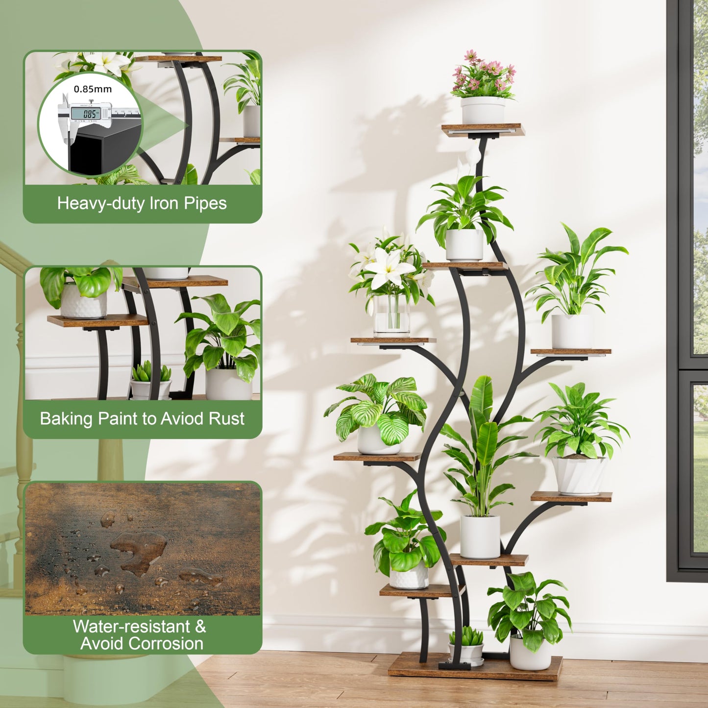 Plant Stand Indoor with Grow Lights - Lighted Plant Shelf Indoor, 64.5" Tall Corner Plant Stands for Indoor Plants, 9 Tiered Tree-Shaped Flower Shelf Metal Holder for Living Room, Bedroom, Black