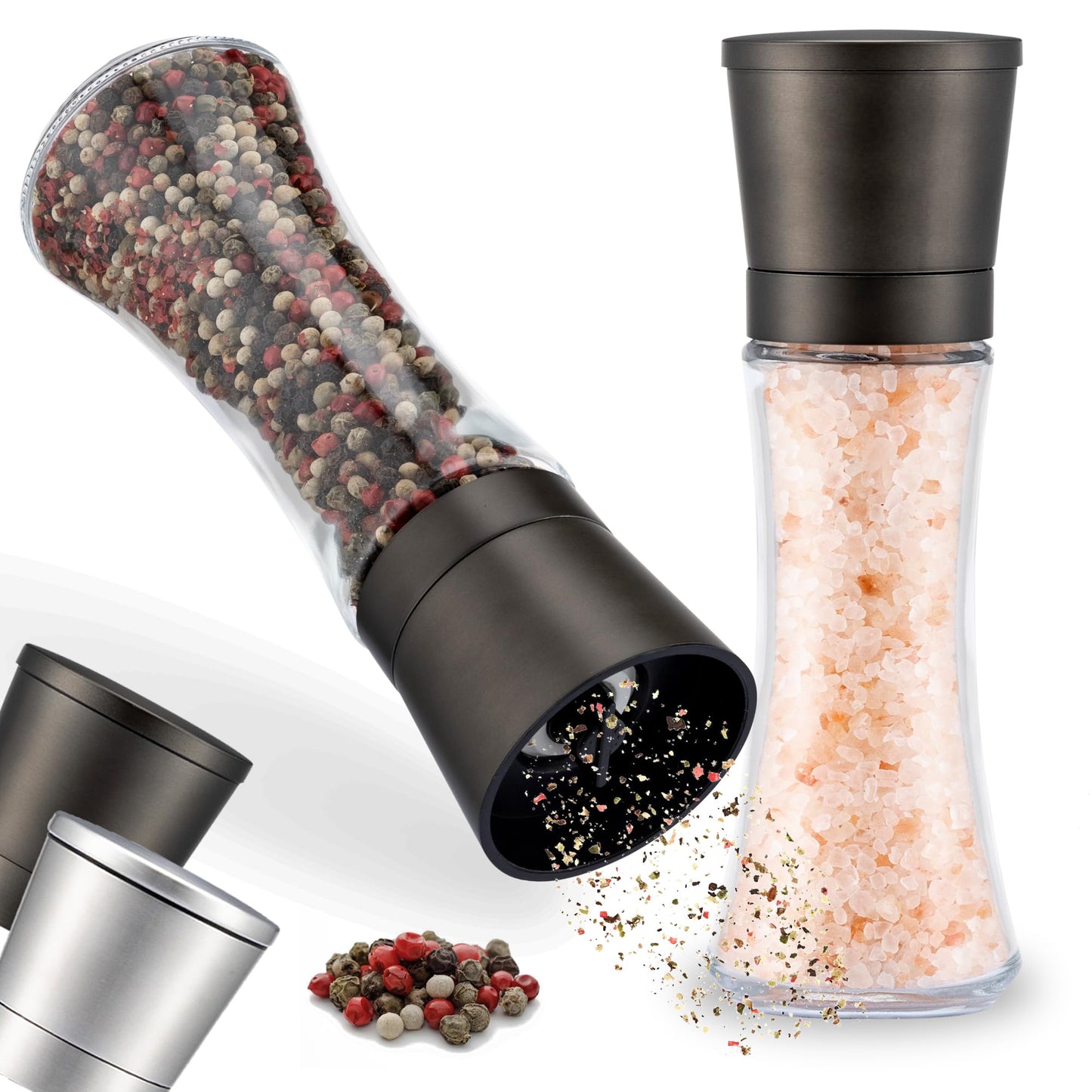 ZOLMER® Premium Gunmetal Salt and Pepper Grinder Set | Large Manual Ceramic Grinder - Big Black Pepper Mill, Salt Grinder, and Chili Mill [No Spices Included]