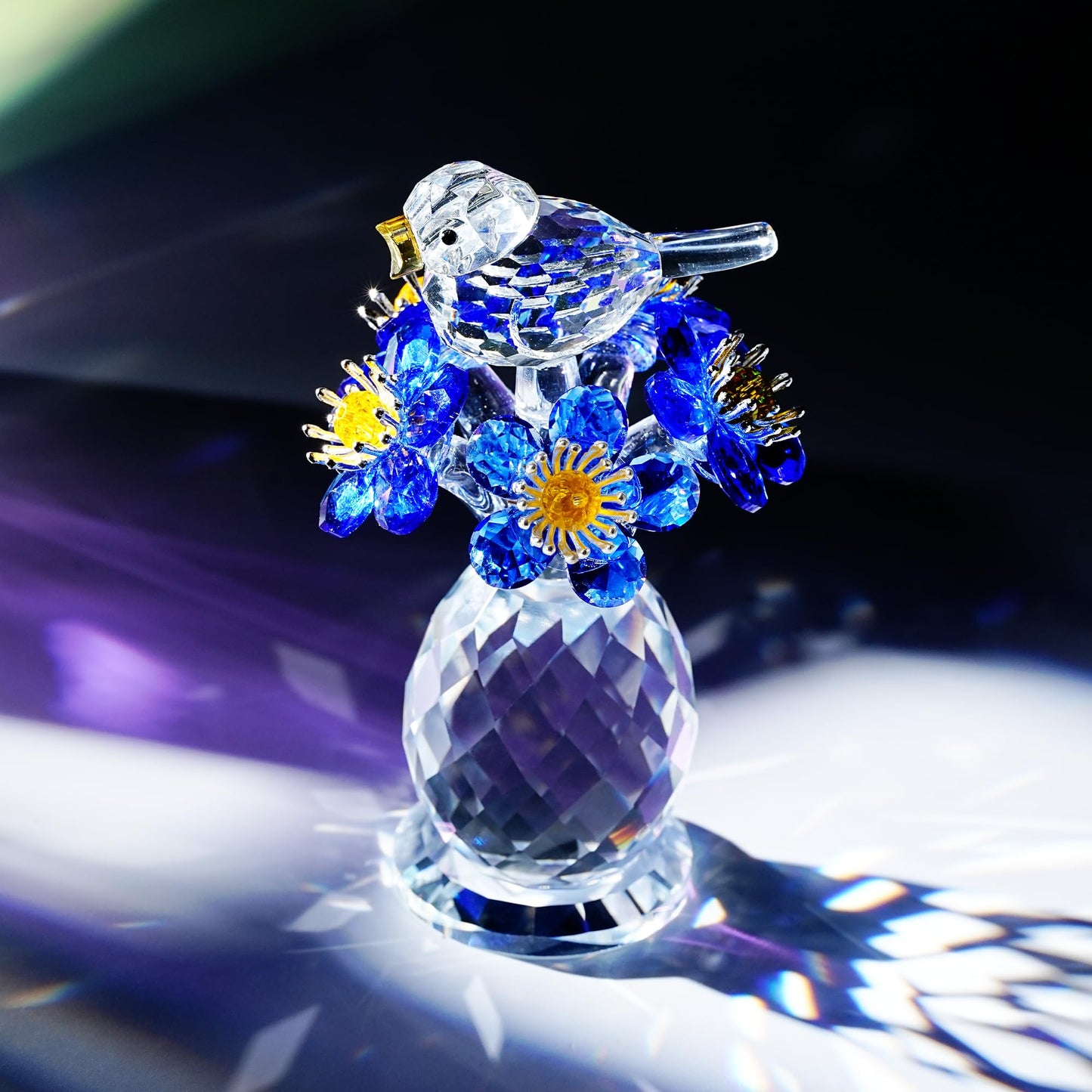 CNCRMEM Crystal Bird & Forget-Me-Not Flower Figurine,3x4 inch Glass Flower Collectible Ornaments for Home Decor Table Centerpiece Glass Bouquet Flowers Keepsake Gifts for Women （Blue）