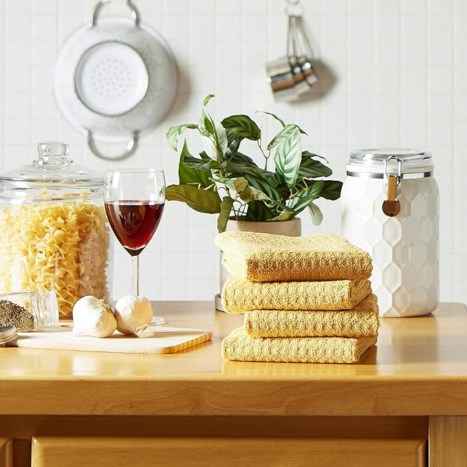 DII Basic Terry Collection Waffle Dishtowel Set, Solid Mustard, 4 Piece