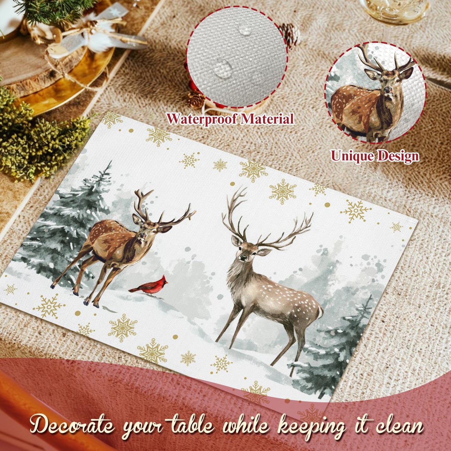 Christmas Tree Snowflakes Reindeer Placemats Set of 4 Winter Gifts for Christmas Women Rustic Holiday Placemats Decor for Xmas Party Home Kitchen Dining Recyclable Table Mats 12x18 inch - DH726