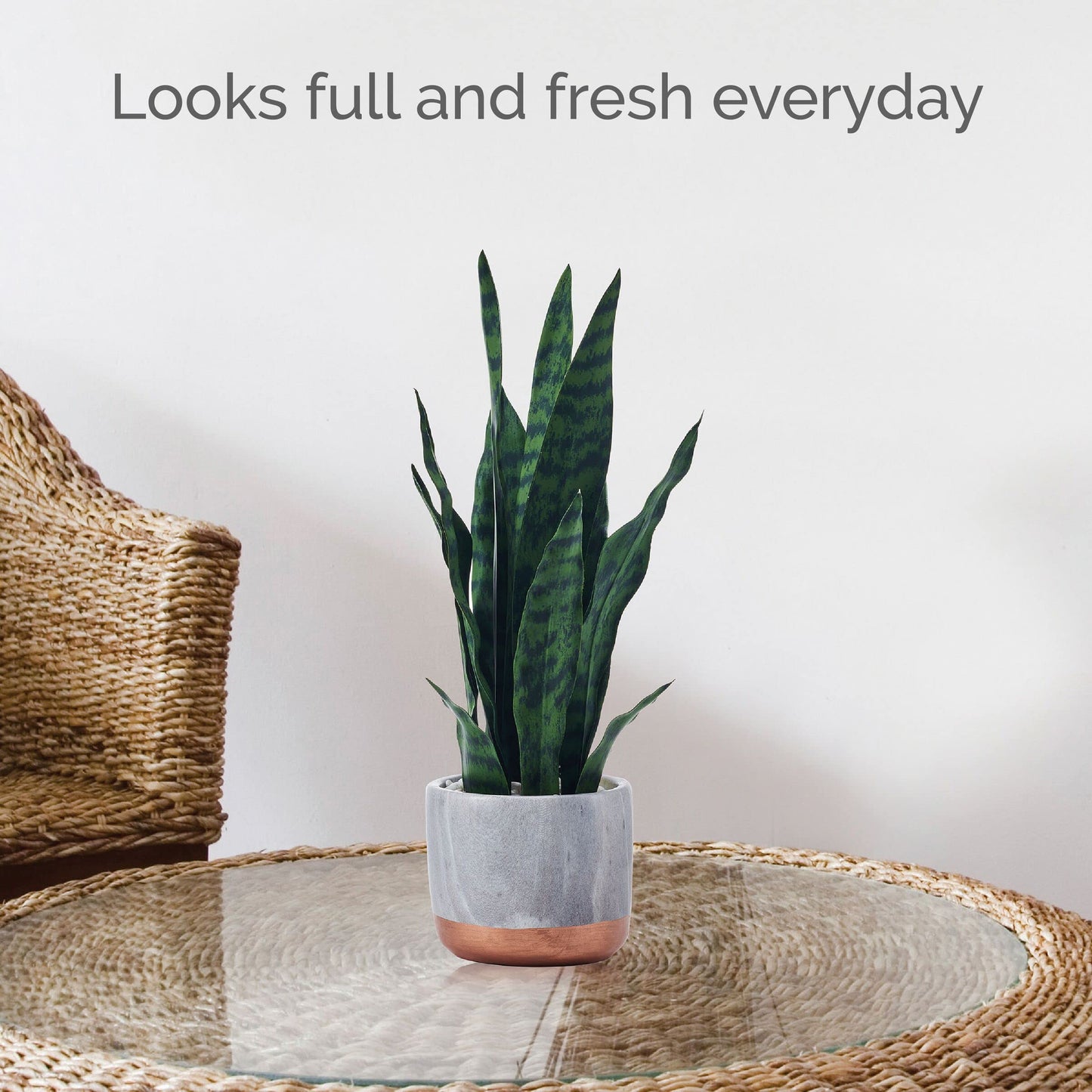 Mikasa Snake Plant in Faux Gray Marble Pot for Bathroom Farmhouse Faux Greenery Tabletop Centerpiece Mantel Office Desk Kitchen Decor, 18 inch