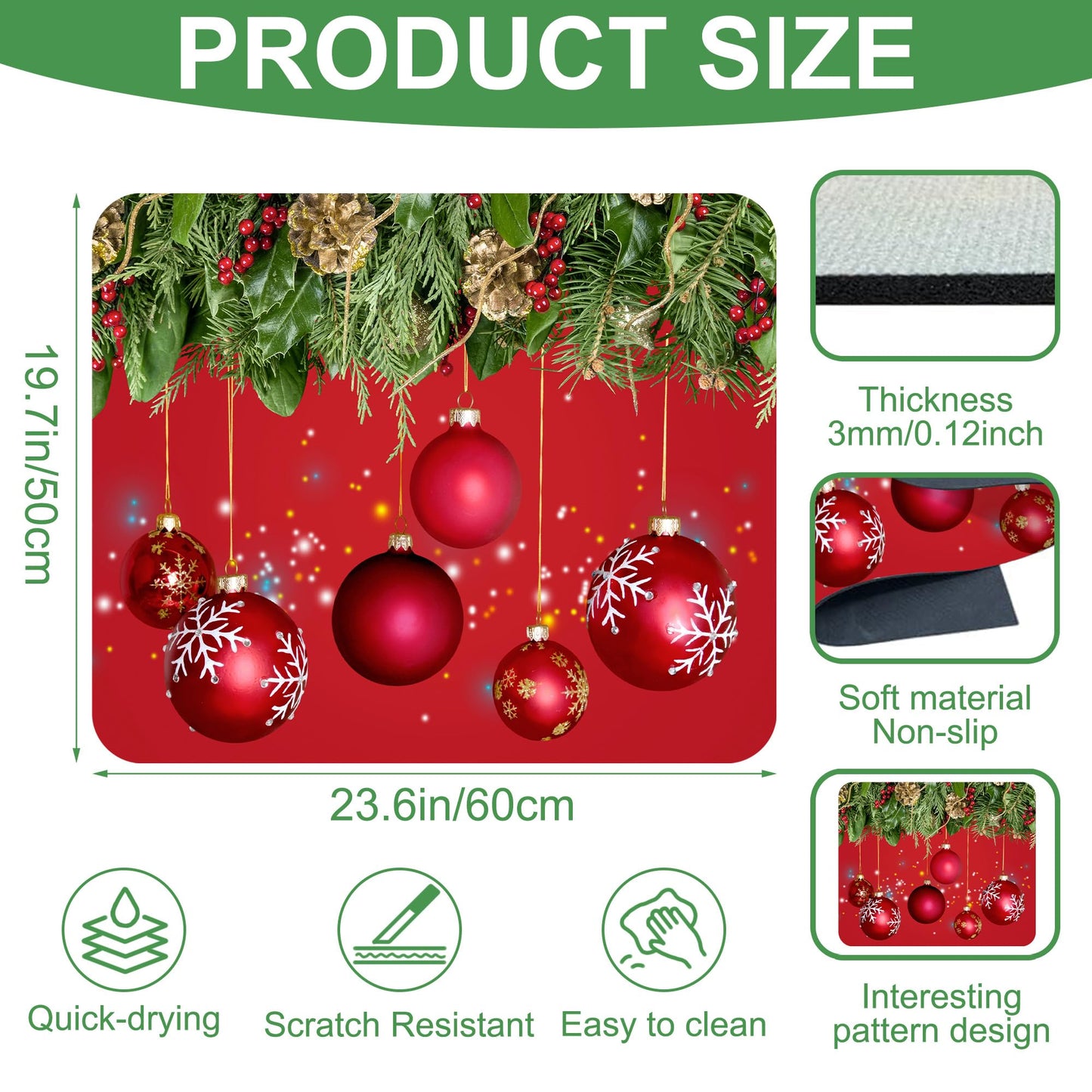Christmas Fir Twigs and Red Balls Washer and Dryer Covers For The Top, Non-slip Fast Drying Absorbent Dryer Top Protector Mat for Kitchen Laundry Room Decor,23.6"x19.7"