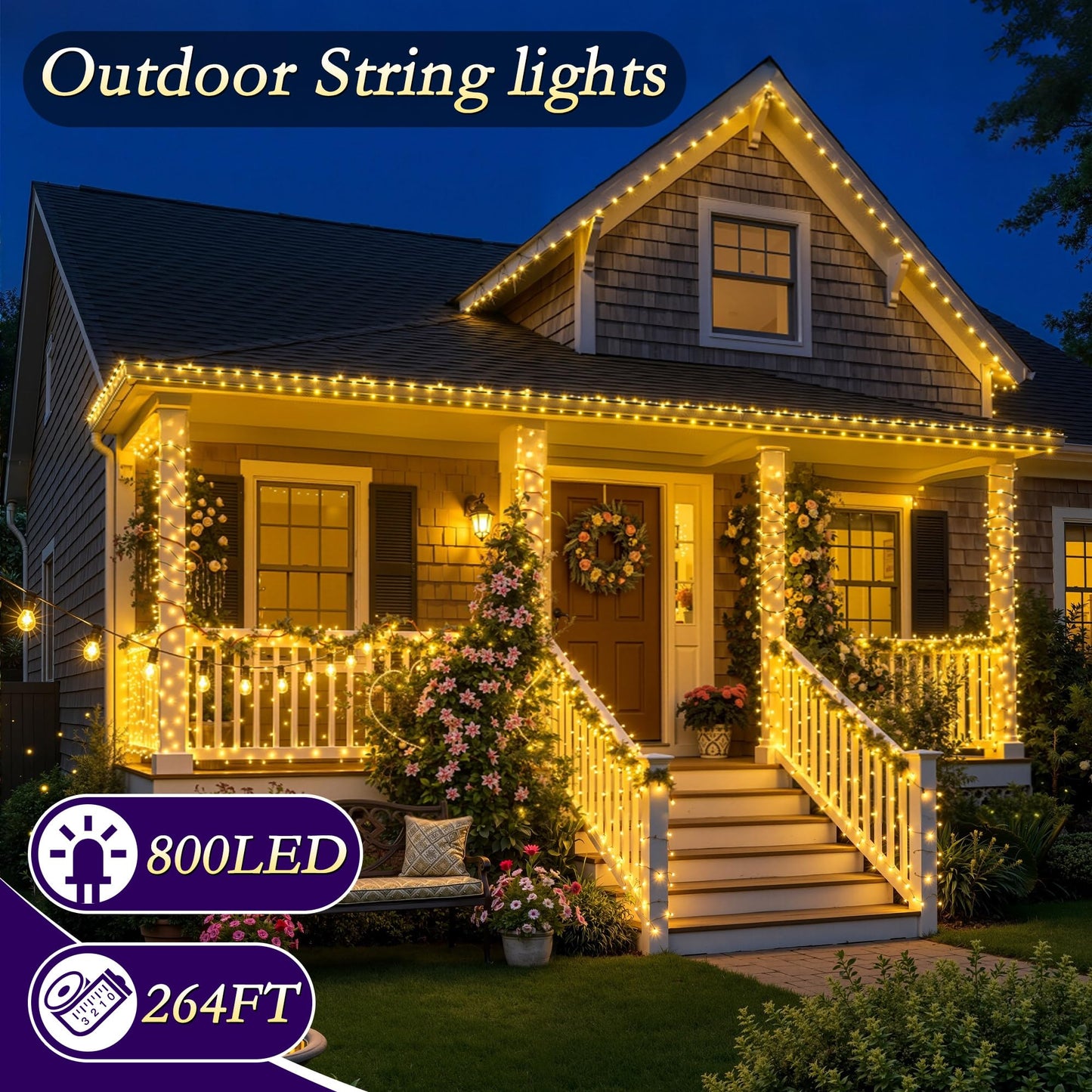 Soagrc 264FT 800LEDs Outdoor String Lights Plug in IP67 Waterproof Twinkle Lights with Remote 11 Modes Dimmable Warm White and Multicolor Color Changing for Backyard Summer Wedding Party Christmas