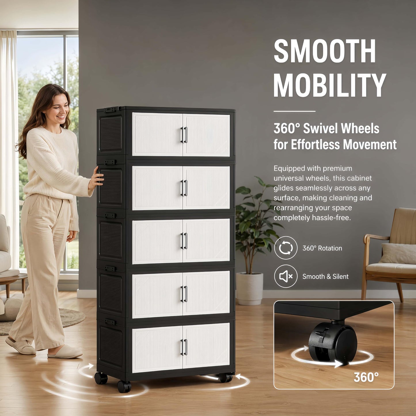 5 Tier Foldable Storage Cabinet with Top Lid, Tall Mobile PP Storage Organizer with Magnetic Doors and Wheels, Space-Saving Collapsible Organizer for Bedroom Living Room Kitchen Pantry Bathroom