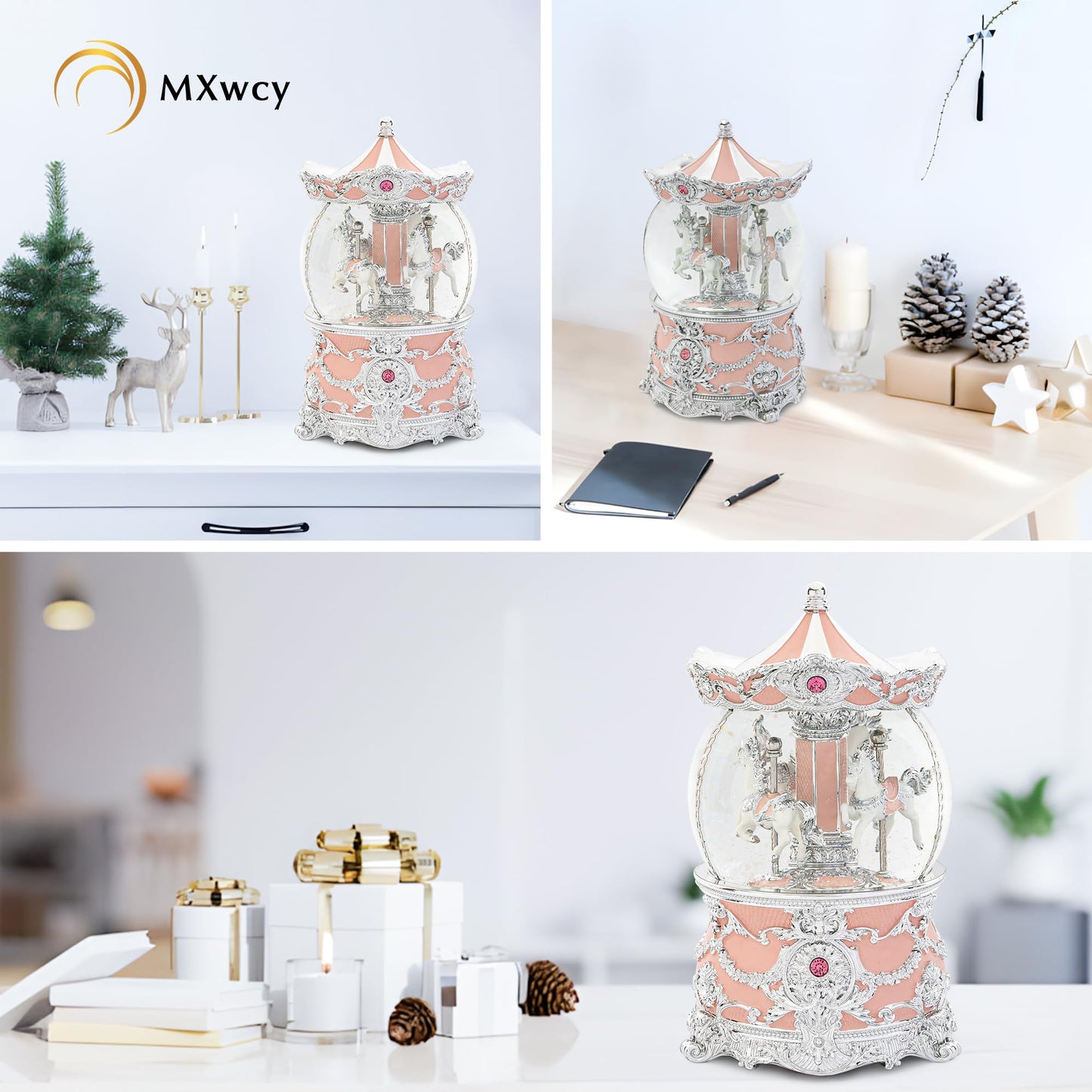 Carousel Music Box Silver & Pink Christmas Snow Globes, 8.3" Rotate Carousel Snow Globe for Kids & Adults, Classic Wind up Musical Snow Globe Valentines Day Gifts for Women Girls Carousel Horse Decor