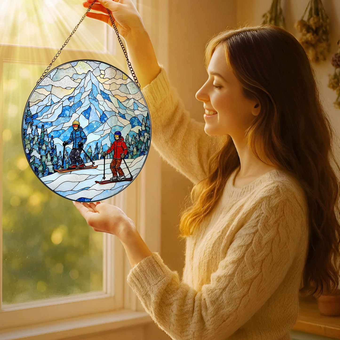 LAOWEIKI 8'' Snowy Mountain Skiers Sun Catcher Ornament, Stained Glass Window Hanging, Sun Catchers for Windows Hanging Ornaments, Window Decor | Ideal Gift, Gift Exchange, Gifts for Skiers