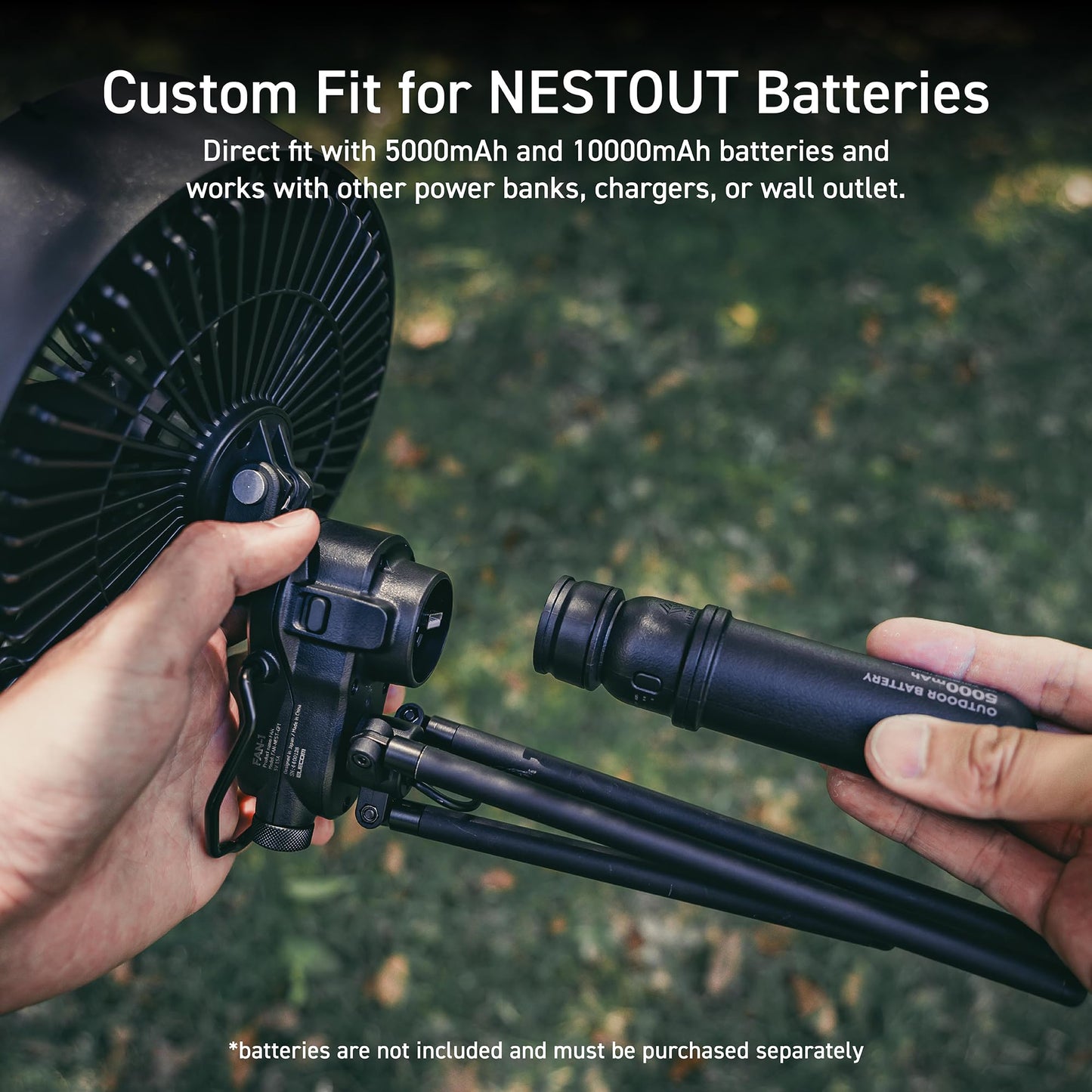 ELECOM NESTOUT Outdoor Camping Fan with Tripod, 4 Speed Settings & Breeze Mode, 3 Angle Oscillation, 90° Adjustable Tilt, Timer (30/60/90 mins), USB C Compatible, Portable Tent Fan (Black Full Kit)