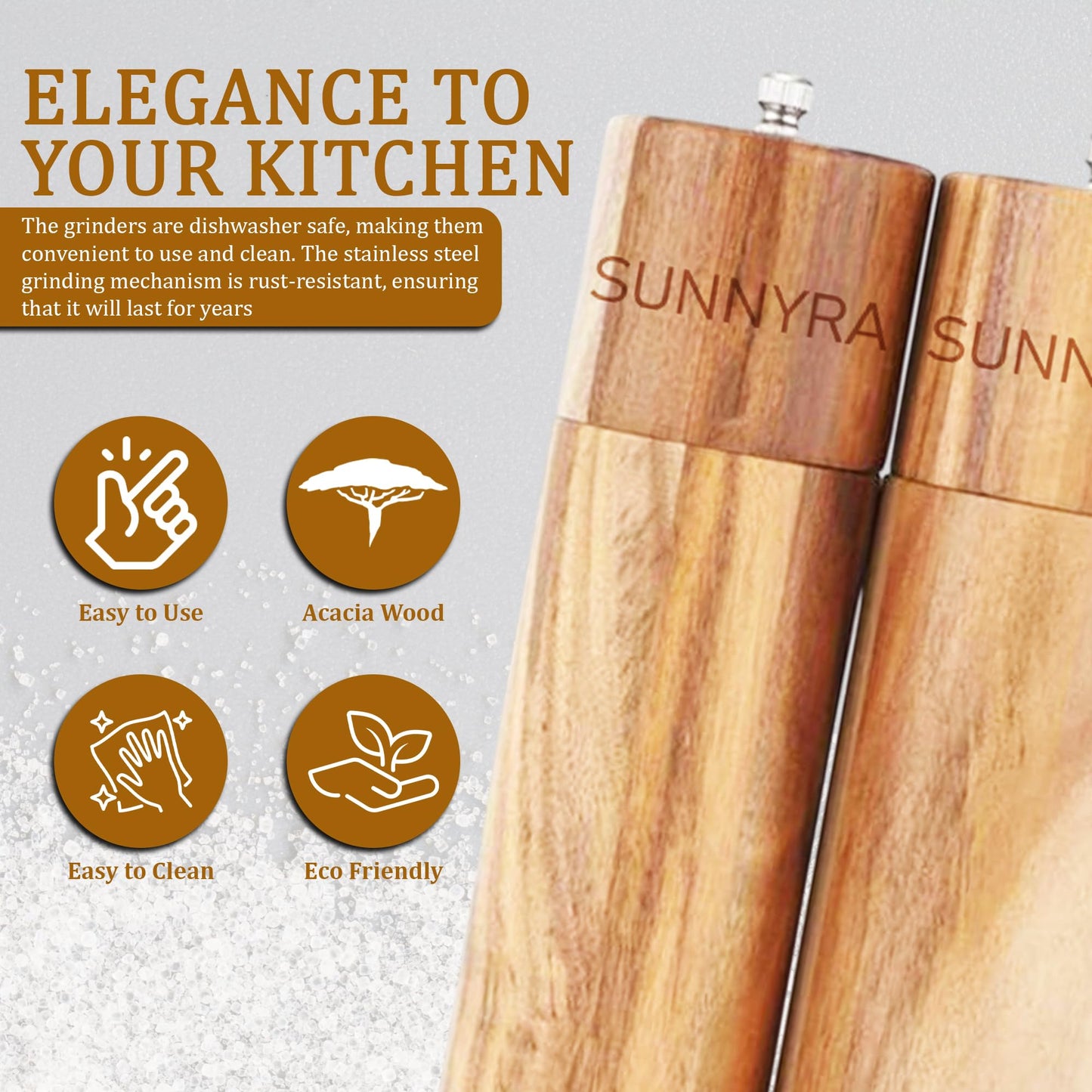 Sunnyra Wooden Salt and Pepper Grinder Mill Set – Manual Adjustable Wood Peppermill Shakers for Salt and Black Pepper, Premium Wooden Mills for Kitchen.