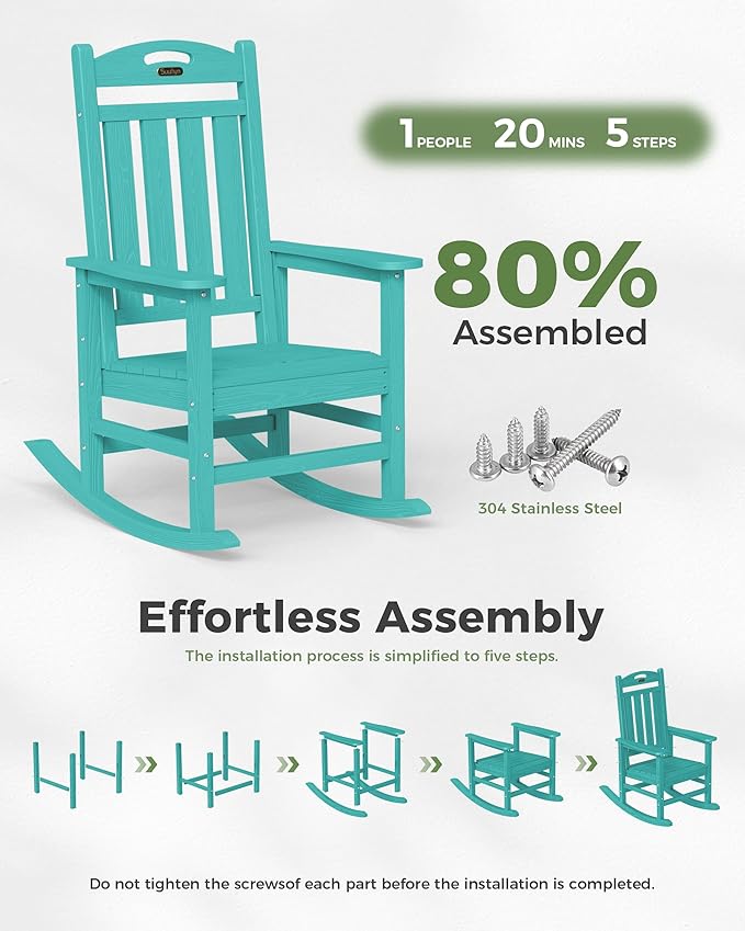 Oversized Rocking Chairs Outdoor Set of 4, High Back Porch Rocking Chair, HDPE All Weather Resistant Patio Chairs, 380lbs Weight Capacity, Lake Blue