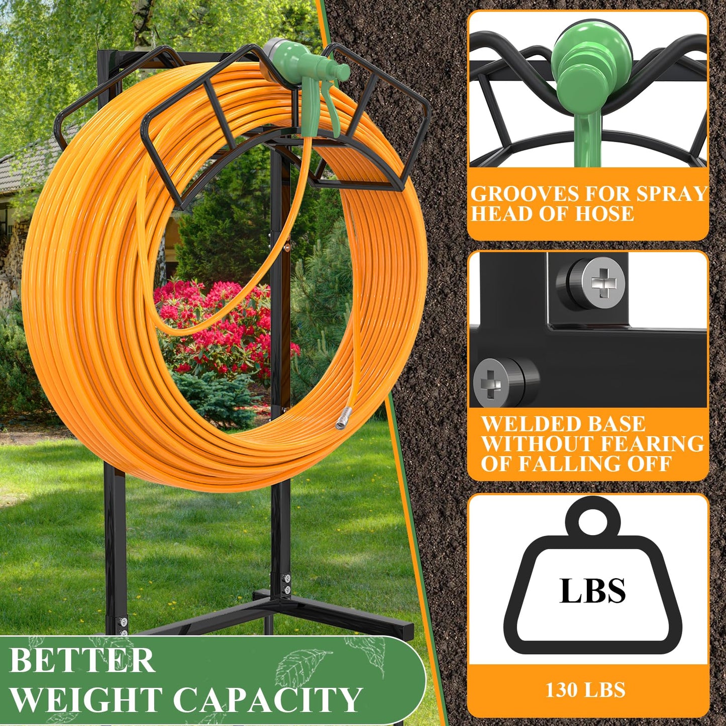 Qatsrin Super Stable Garden Hose Holder, Detachable Water Hose Holders Stand Holds 160-Feet Freestanding Hose Storage Hanger Rack for Outside Yard Lawn Farm (Black)