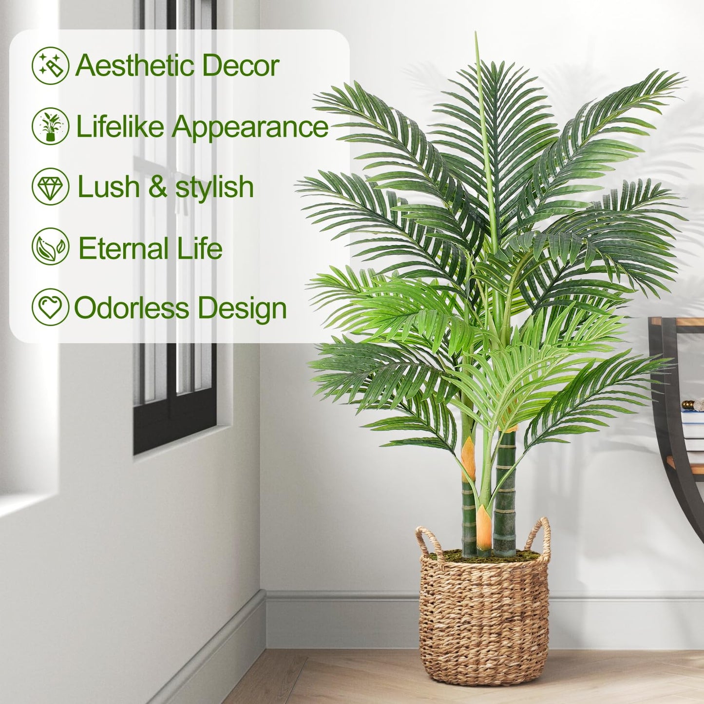 Keeplush 4ft Tall Triple Golden Cane Palm Artificial Tree Large Tropical Palm Tree UV Resistant Fake Plant in Pot for Indoor Outdoor Big House Living Room Outside Patio Office Home Decor 1Pack