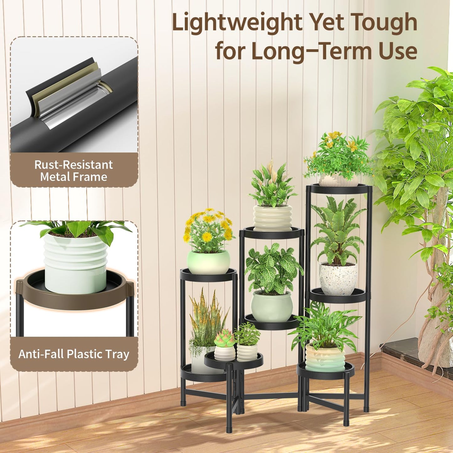 LASZOLA 8 Tiered Plant Stand Indoor Outdoor with Plastic Tray, Corner Folding Tall Flower Display Rack, Modern Plant Holder Shelf for Outdoor Patio Porch Garden Office Living Room, Black