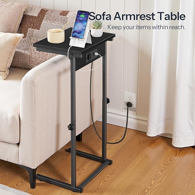 HOOBRO C-Shaped End Table with Charging Station, Adjustable Height Sofa Tray