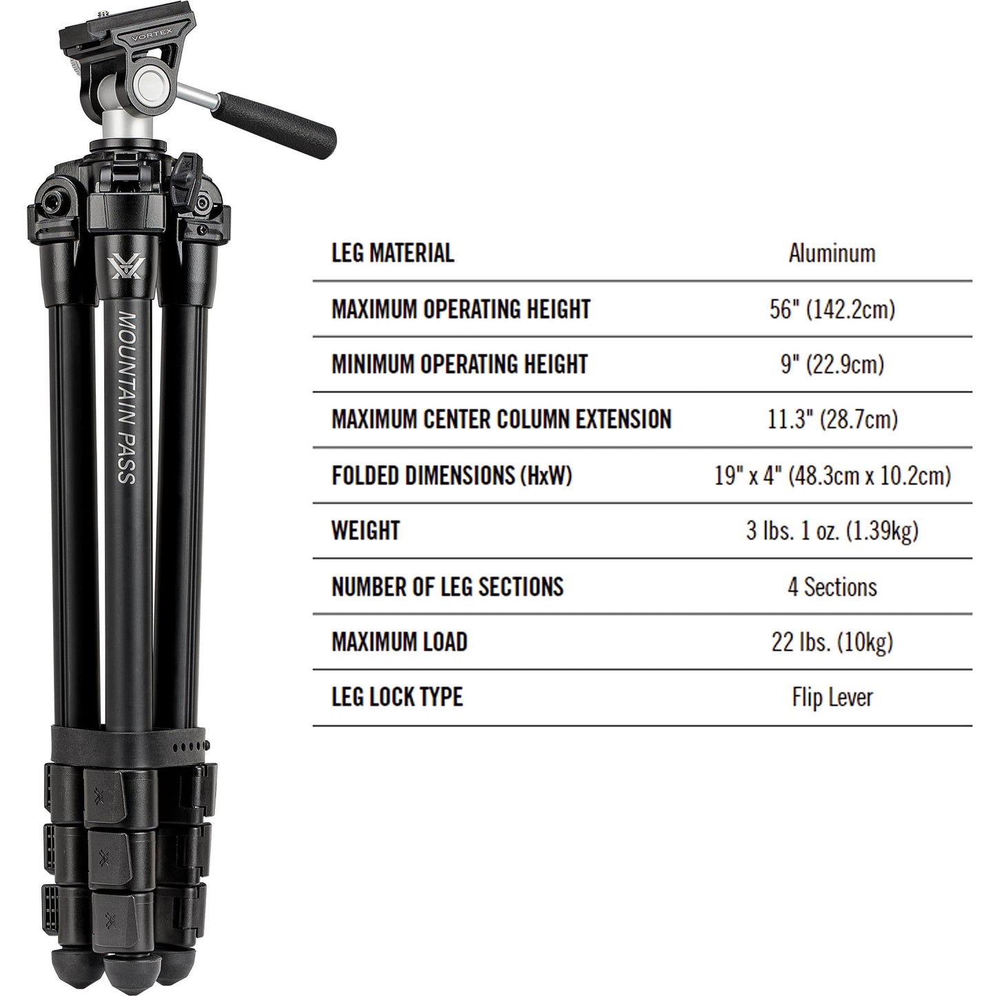 Vortex Optics Mountain Pass Tripod Kit - 2-Way Pan Head, 22 lb Max Load, Arca-Swiss Head Mount - Unlimited, Unconditional Warranty
