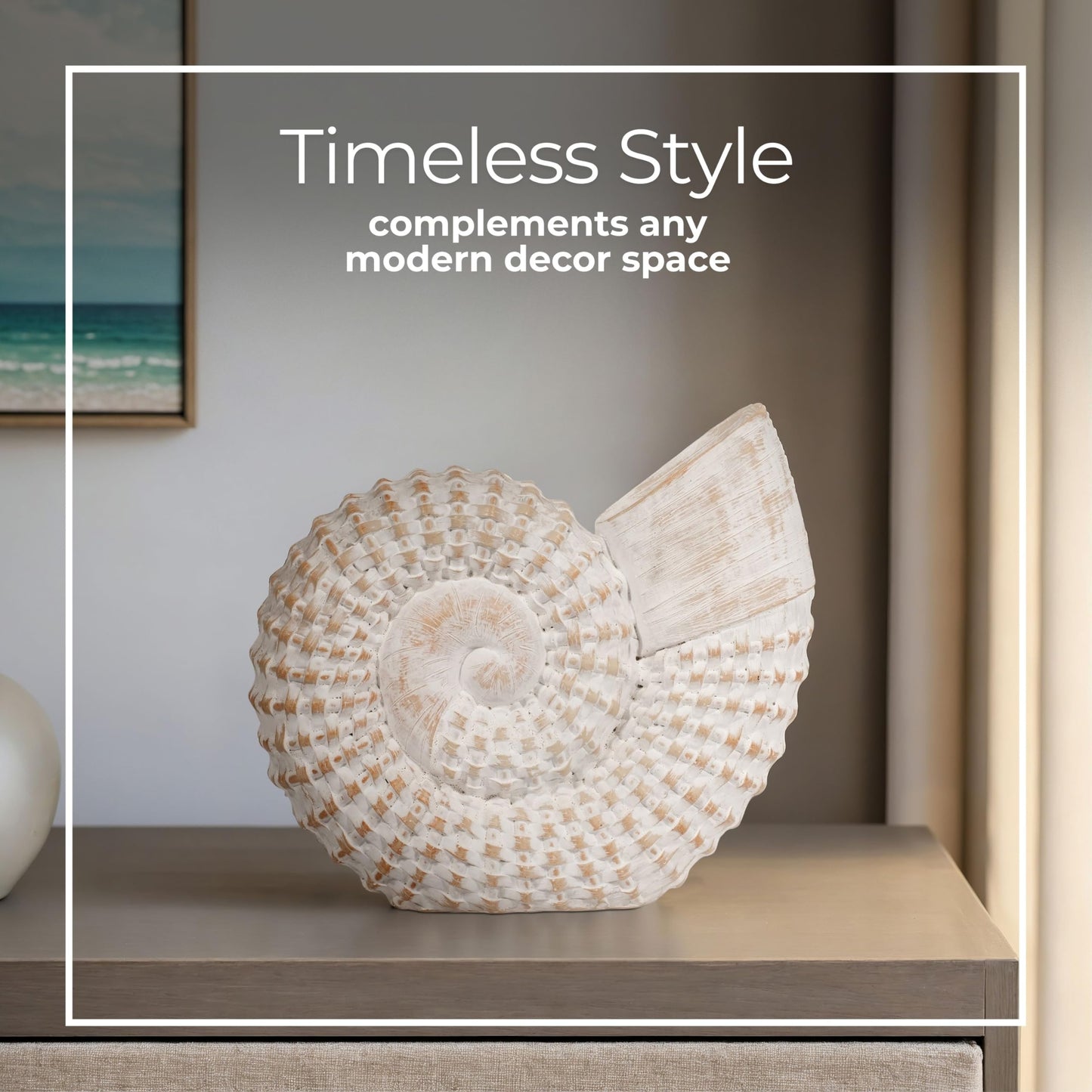 Coastal Seashell Decorative Figurine – Handcrafted Polyresin Nautical Decor Sculpture – Figurines & Sculptures Home Decor for Office, Bedroom & Living Room – 7", Whitewash
