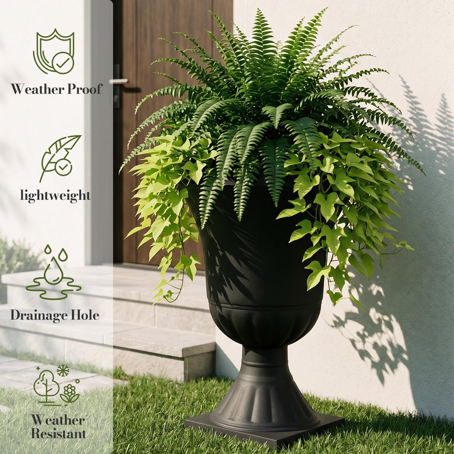 Worth Garden 2-Pack Plastic Urn Planters for Outdoor Plants, 22'' Black Tall Round Classic Resin Traditional Flower Pots - 15 in. Dia. Large Imitation Stone Decorative Pot Patio Deck Front Porch