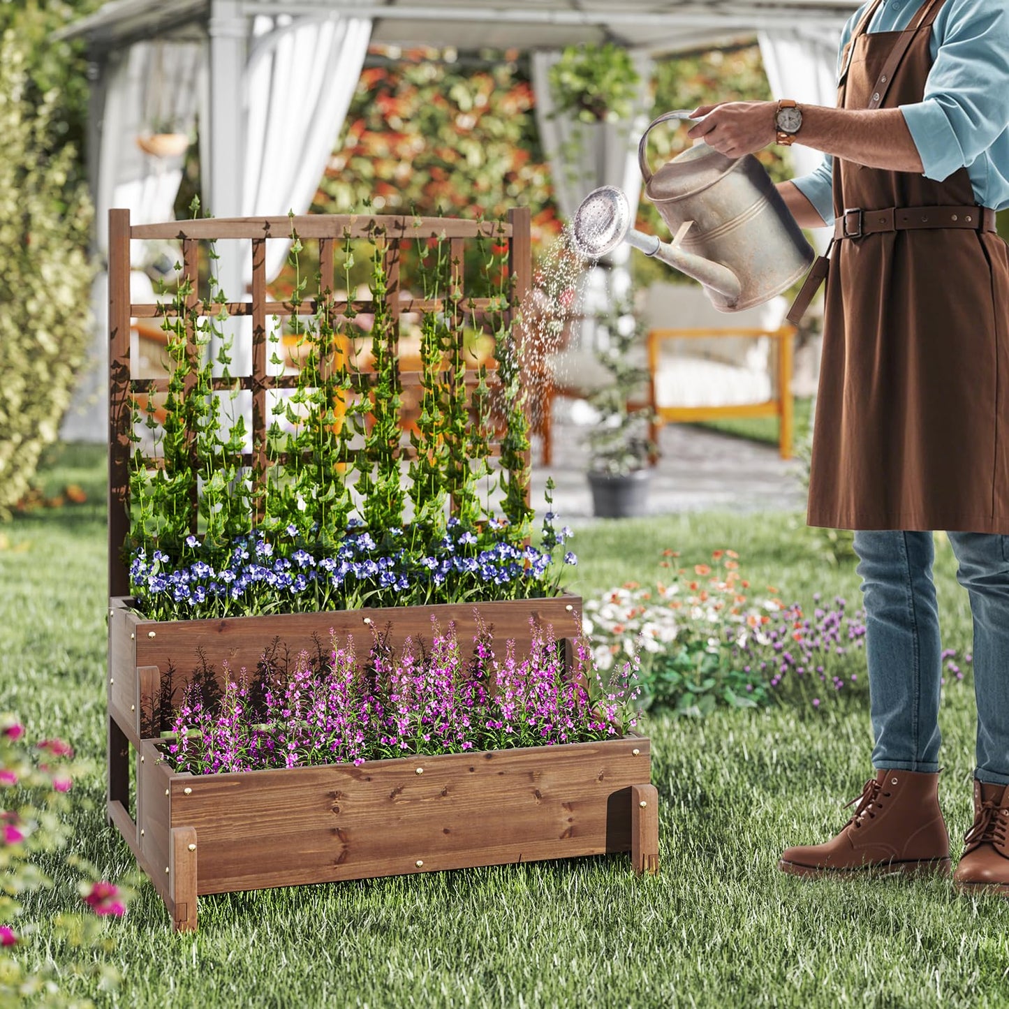 Giantex Raised Garden Bed with Legs and Trellis, 2-Tier Standing Planter Box with Drain Holes, Outdoor Elevated Garden Trellis for Vine Climbing, Flower Vegetable Fruit Herb Growing, Rustic Brown