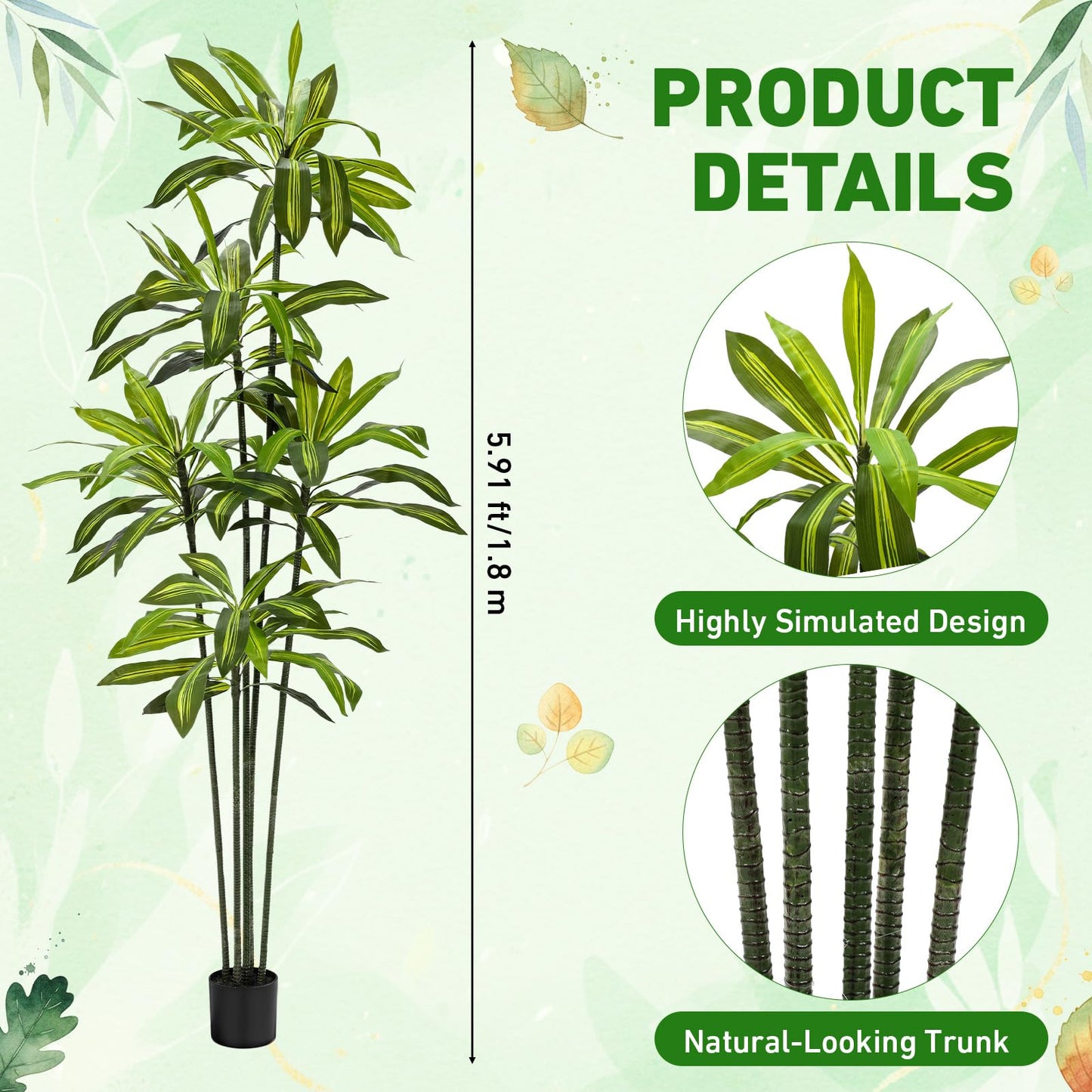 Giegxin 2 Pack 6 FT Artificial Dracaena Tree, Indoor Fake Tree with Black Stable Planter, Natural Wood Trunk & Lifelike Leaves Dracaena Plants for Home Living Room Porch Office Housewarming Gift