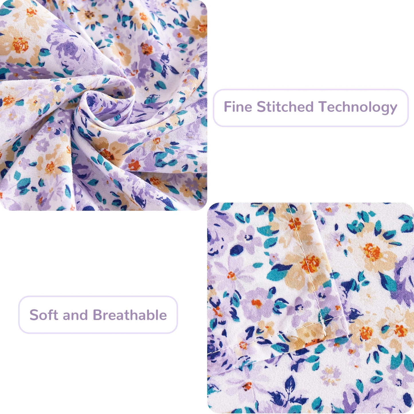 Mooreeke Floral Full Bed Sheets, Soft Microfiber Printed Bedding Sheets & Pillowcases, Deep Pocket Non-Slip Vintage Full Sheet, Purple Yellow Flower Pattern Bedsheets