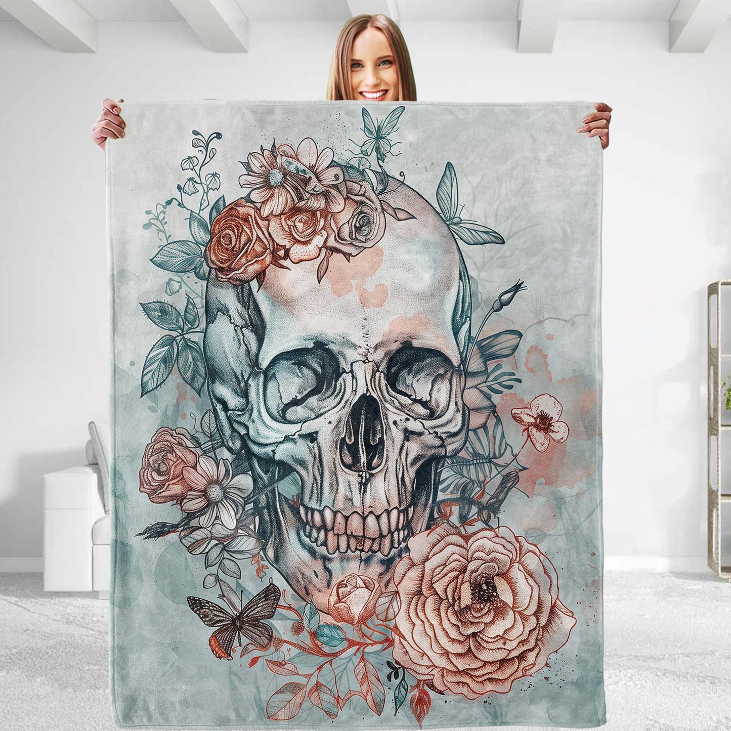 dhakalrlde for Skull & Flower Plush Flannel Blanket – Soft, Comfy & Lightweight – Warm, Fuzzy, Throw Blanket for Couch, Outdoor Use Cozy Home Decor 50in×60in