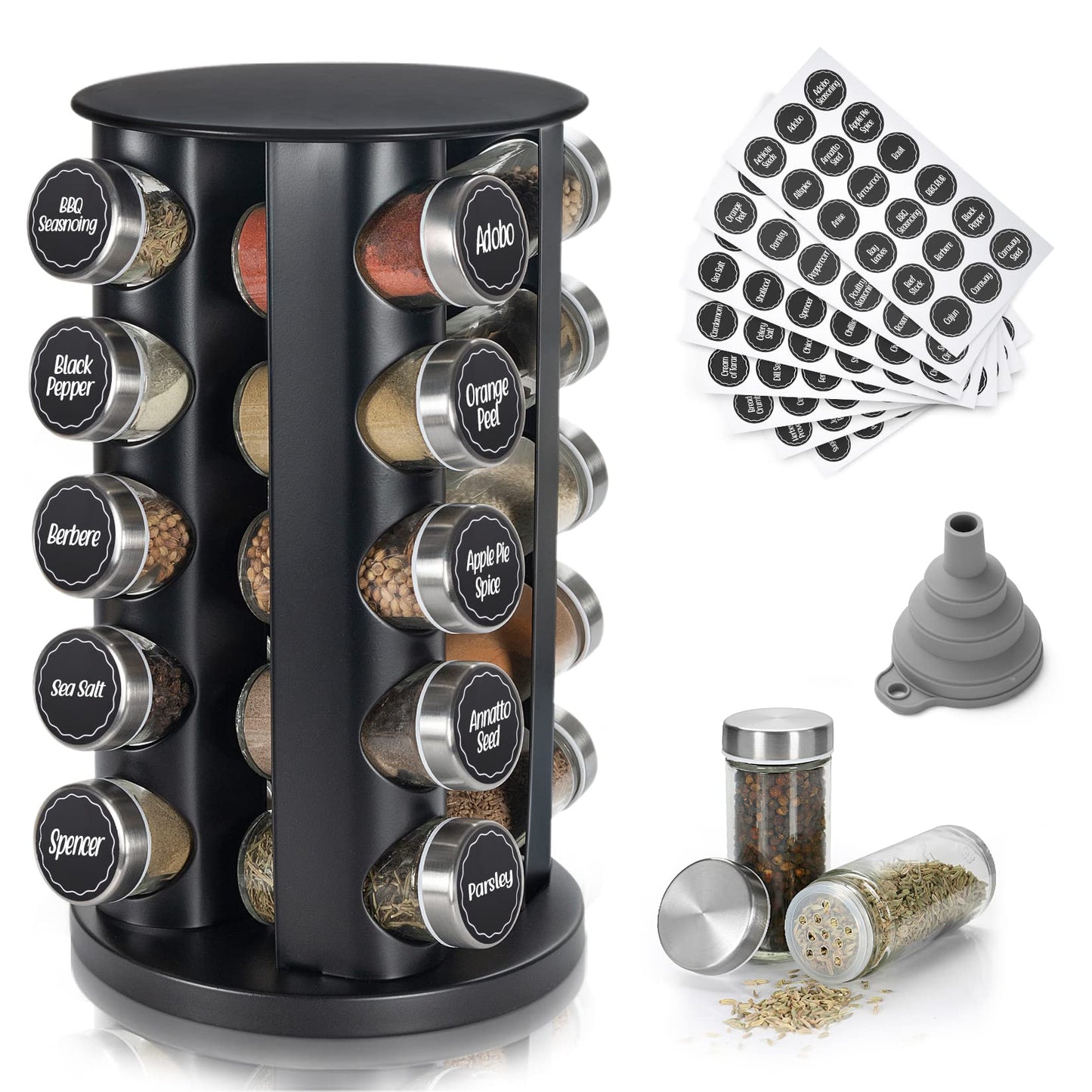 Tianifa Black Countertop Revolving Spice Rack, Empty 20-Jars Rotating Spice Rack Organizer, Round Carousel Tower, 135 Spice Labels with Funnel Complete Set, for Kitchen Countertop, Cabinet