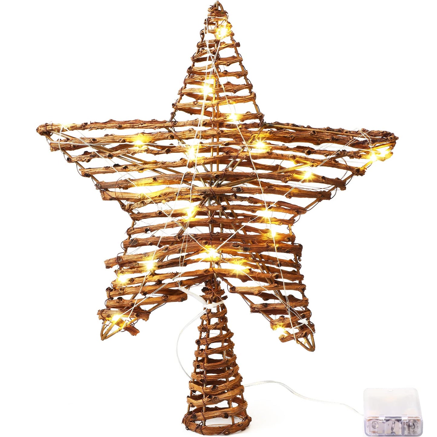 Threan Christmas Rattan Star Treetop, 14 Inch Burlap Rattan Star Tree Topper with Warm Lights Rustic Xmas Treetop Decoration for Christmas Tree Ornament Home Party Indoor(10 Lights)