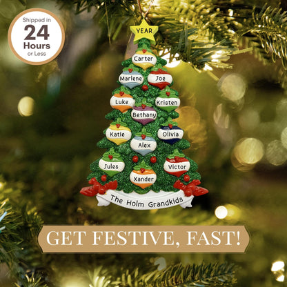 Personalized Large Family of 12 Ornament 2025 | Free 24h Customization | Christmas Ornaments for Tree | Custom Gift Wrapped Green Glitter Keepsake for Twelve Persons