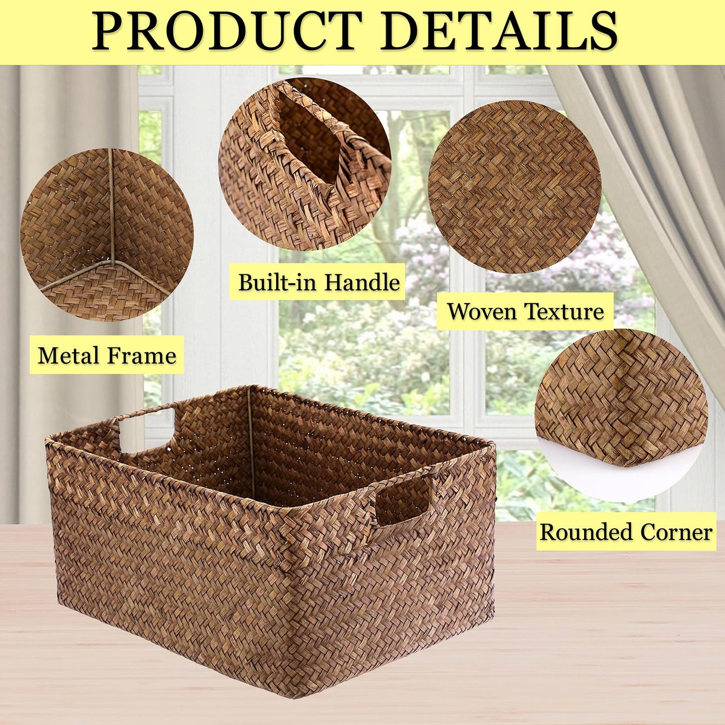 Hipiwe Seagrass Storage Baskets Bin for Shelf Handwoven Wicker Baskets Built-in Handles Rectangular Closet Bedroom Organizer Box Multipurpose Storage Basket Organizer,16.1"L x11.8"W x7.7"H