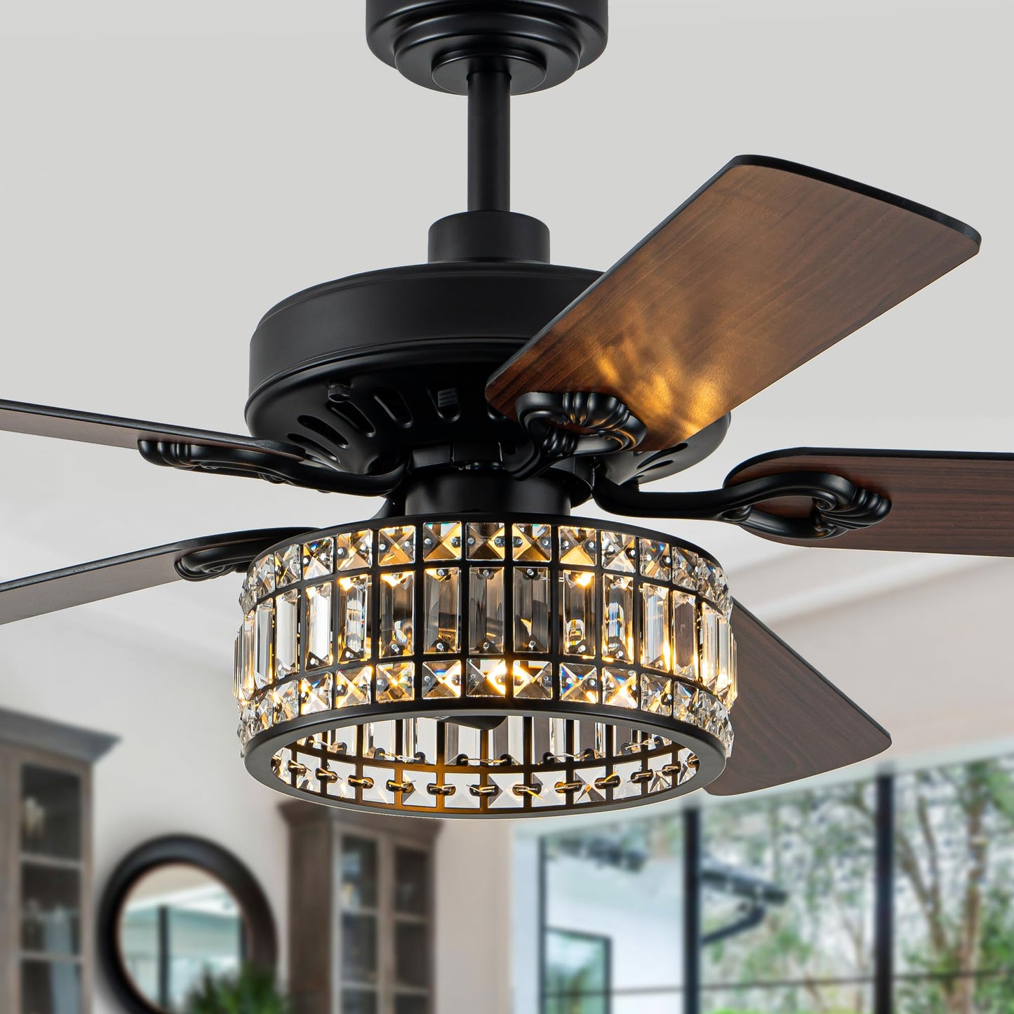 Dawn Whisper 60 Inch Crystal Chandelier Ceiling Fans with Lights Black Large Modern Ceiling Fans for Living Room Bedroom Quiet and Reversible DC Motor 6 Speeds Enegery Efficient