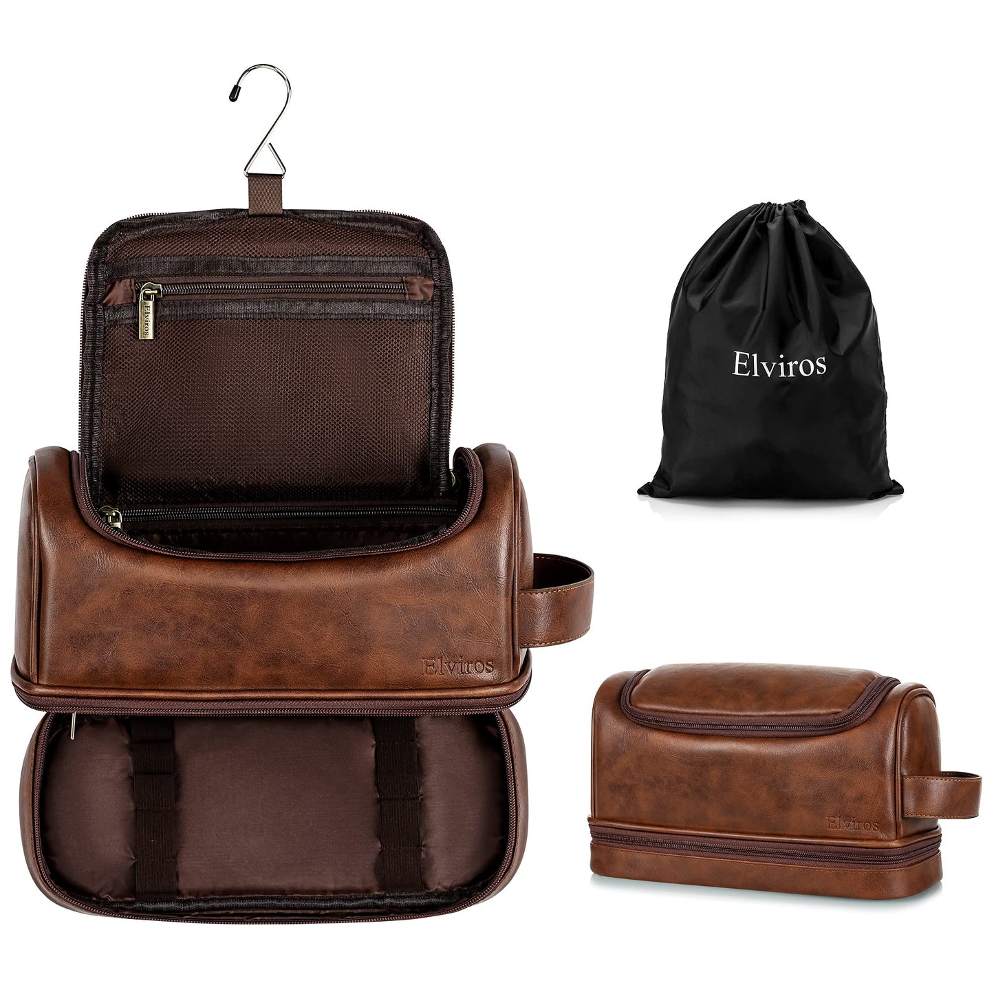 Elviros Water-Resistant Leather Toiletry Bag for Men Large Double-Layer Travel Wash Bag Shaving Dopp Kit Bathroom Gym Toiletries Makeup Organizer,Gift for Men (Dark Brown)