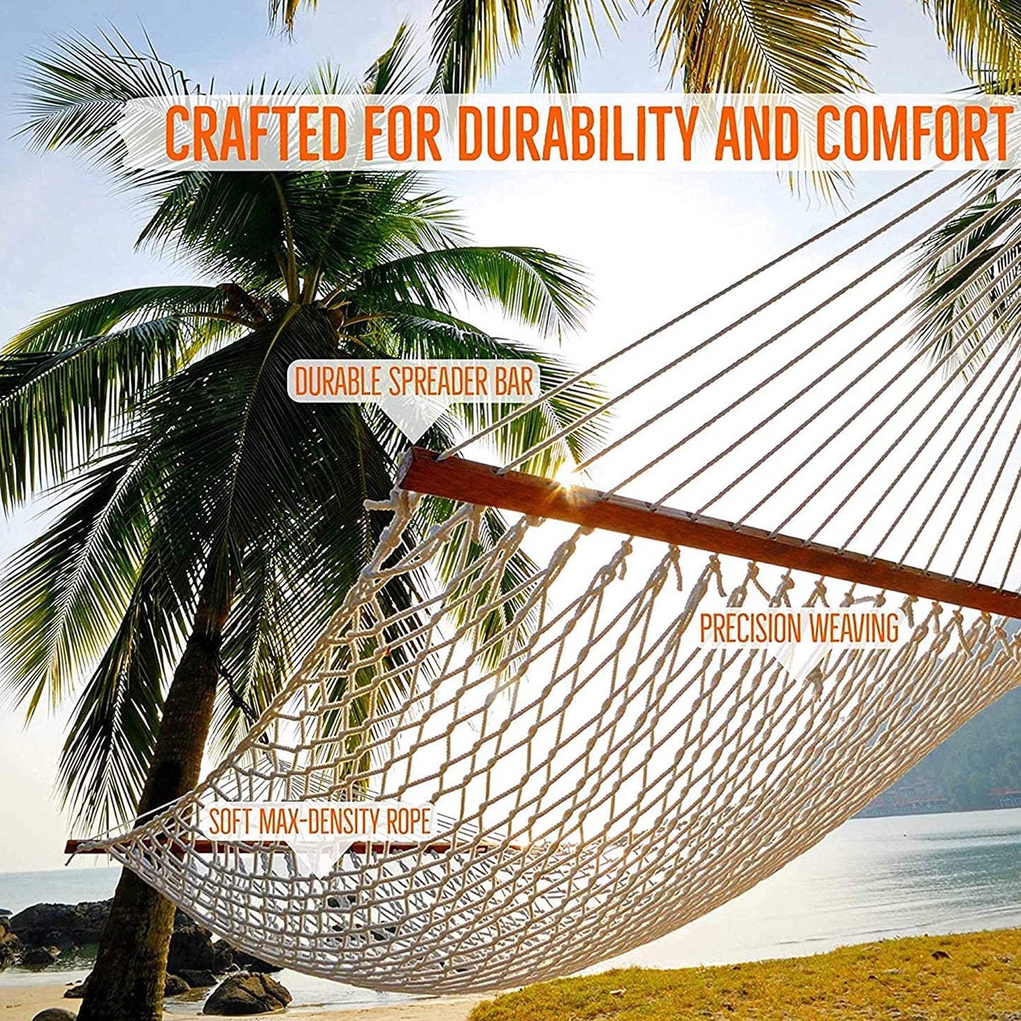 Castaway Living 13 ft. Double Traditional Hand Woven Oatmeal Cotton Rope Hammock – 2-Person, 450 lb Capacity, Free Extension Chains & Tree Hooks, Designed in The USA