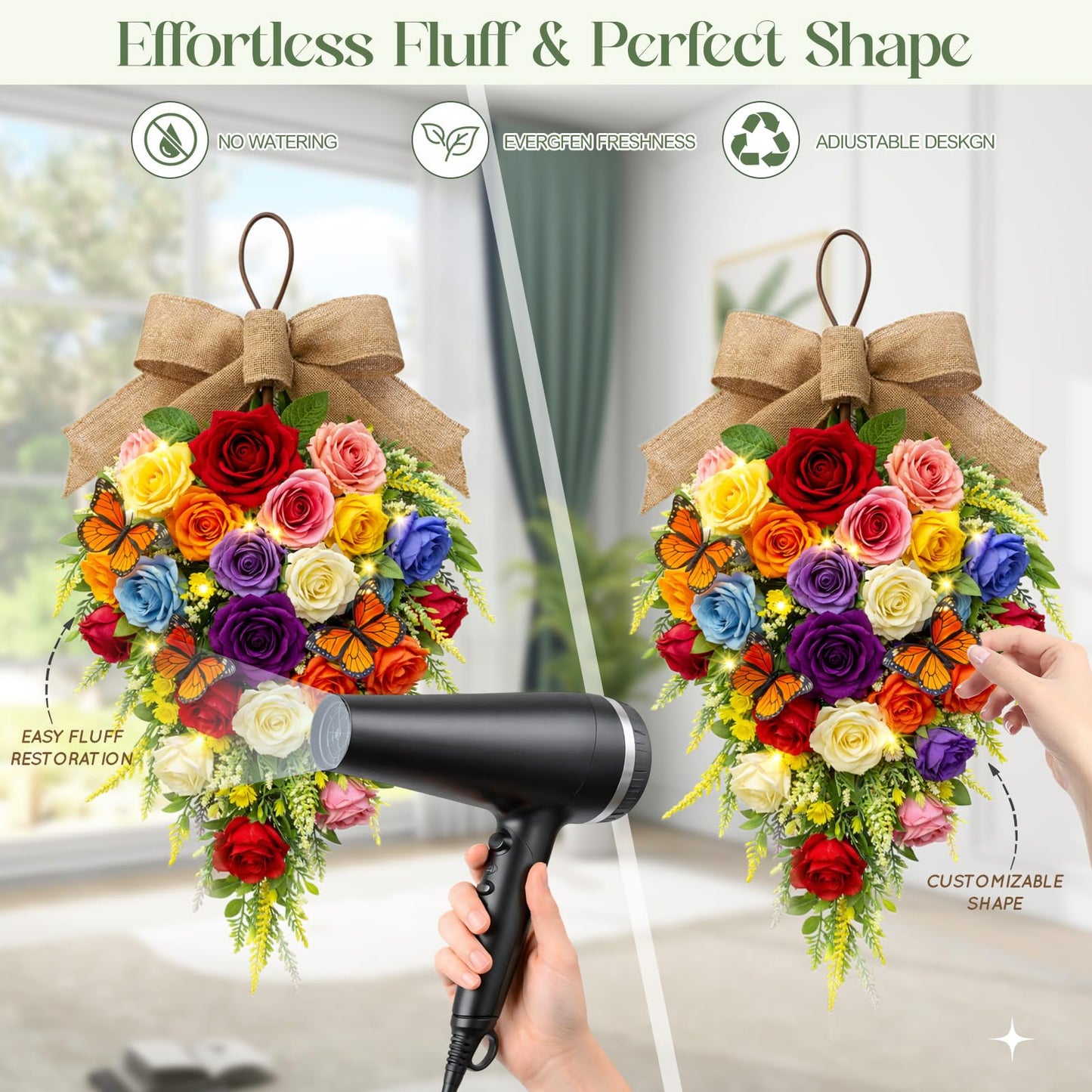 Norme 2 Pack Spring Teardrop Swag Pre-Lit, 23.6" Artificial Rose Teardrop Wreath for Front Door with Burlap Bow Butterflies for Porch Wall Window Stair