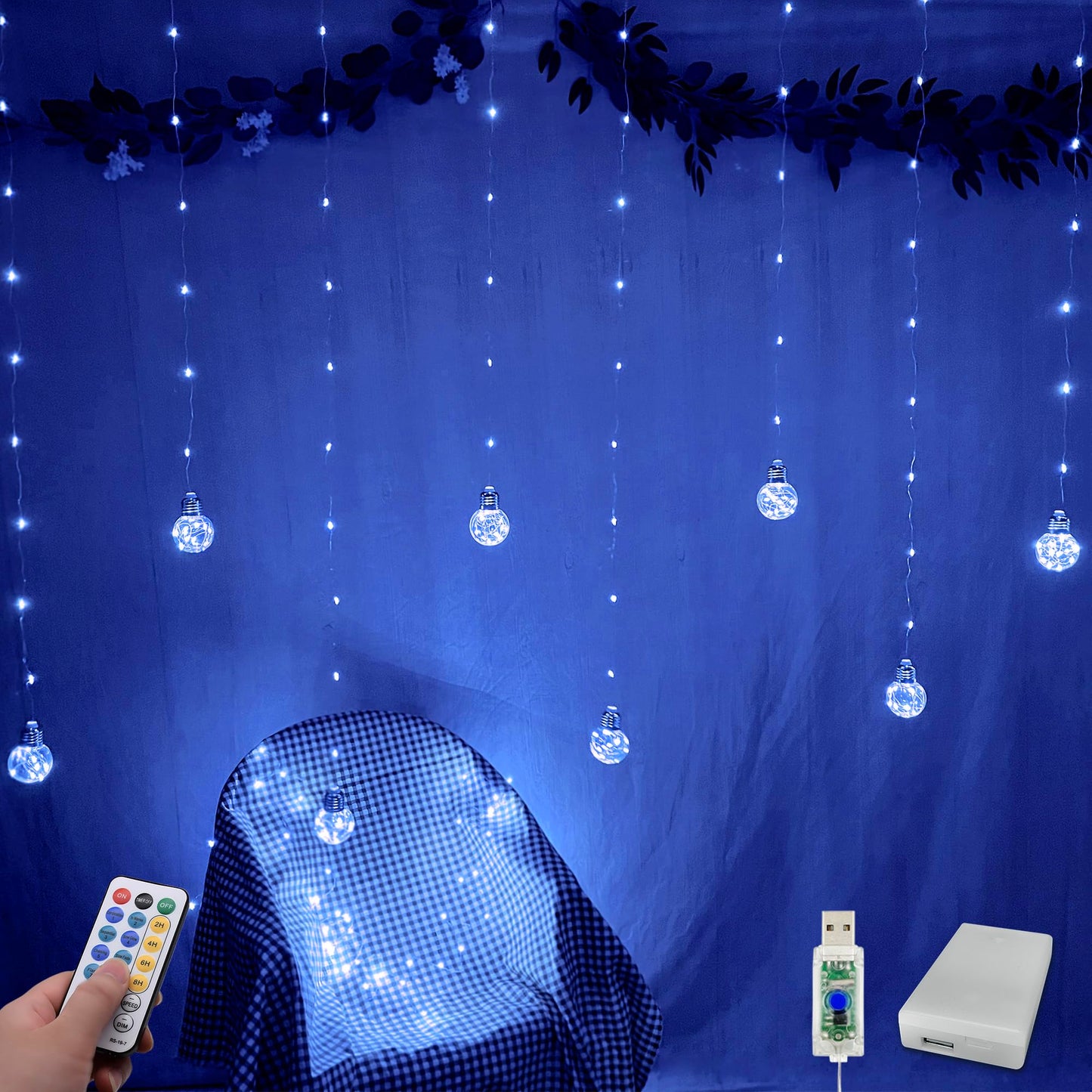 YOLIGHT Wishing Ball Curtain Lights 200 LED Window Curtain String Lights with Remote, USB Battery Powered Twinkle Globe Fairy Lights for Wedding Party Bedroom Christmas Halloween Decoration (Blue)