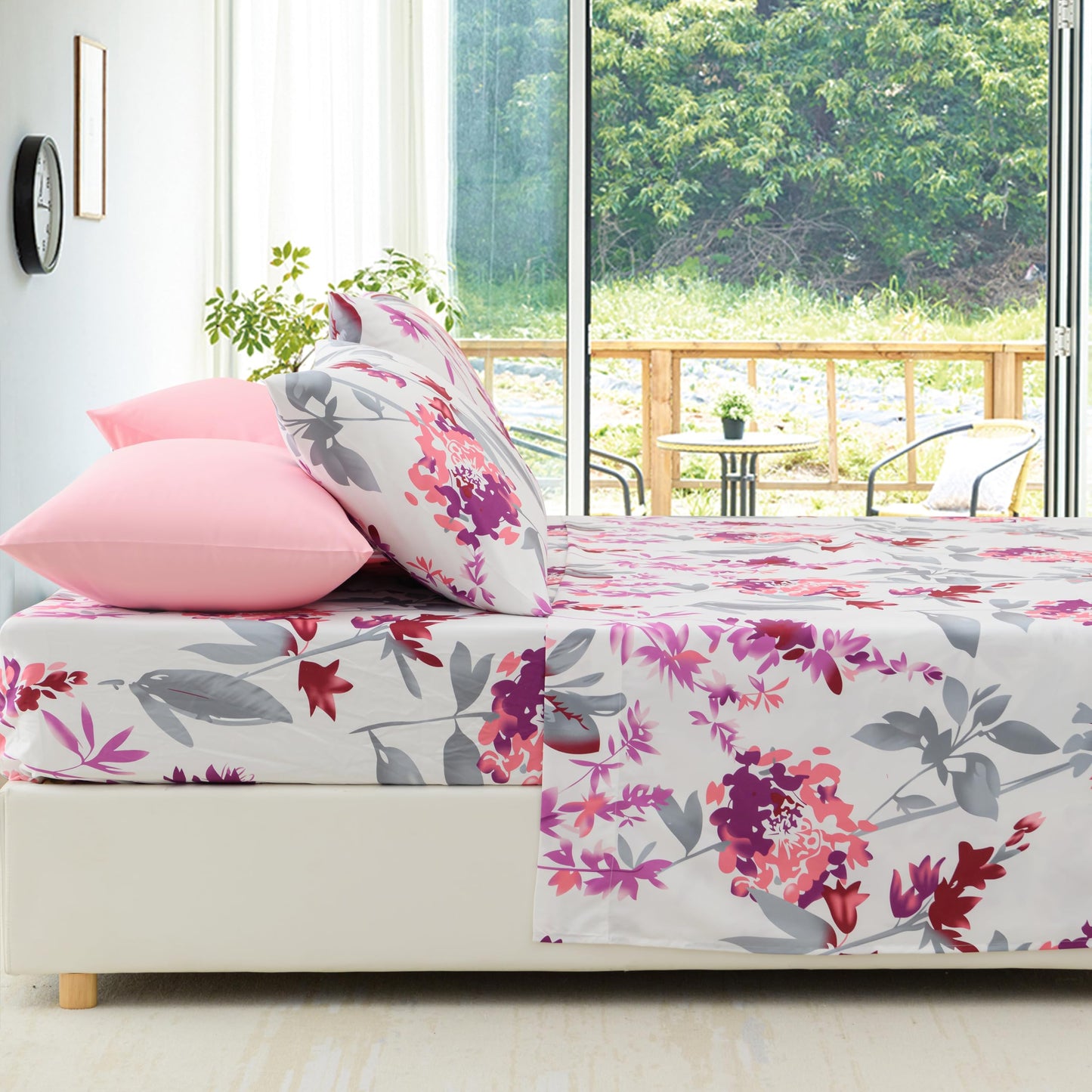 Spirit Linen Home 6-Piece Queen Size Bed Sheet Set - Deep Pocket, Floral Print Pattern, Soft and Breathable Bed Sheets, Microfiber Material, Includes 1 Fitted, 1 Flat, 4 Pillowcases - Grey/Pink Floral