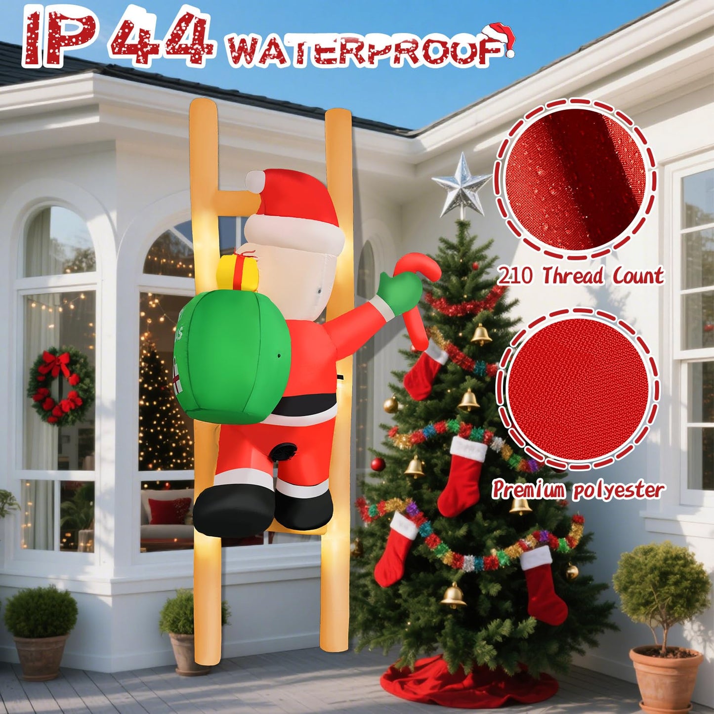 8FT Hanging Christmas Inflatable Santa 8FT Santa Claus Climbing Ladder Inflatables Christmas Outdoor Decoration Xmas Santa Blow Up Decor with Built-in 9 LEDs for Yard Garden Lawn(with Storage Bag)