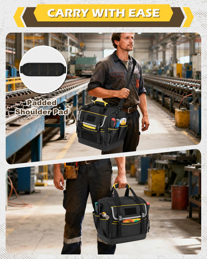 Trahzia 12-Inch Tool Bag with Hard Bottom, Electrician Tool Box Organizer with Detachable Divider, Multi-Purpose Work Tote for Mechanics, Carpenters, Plumbers, Black