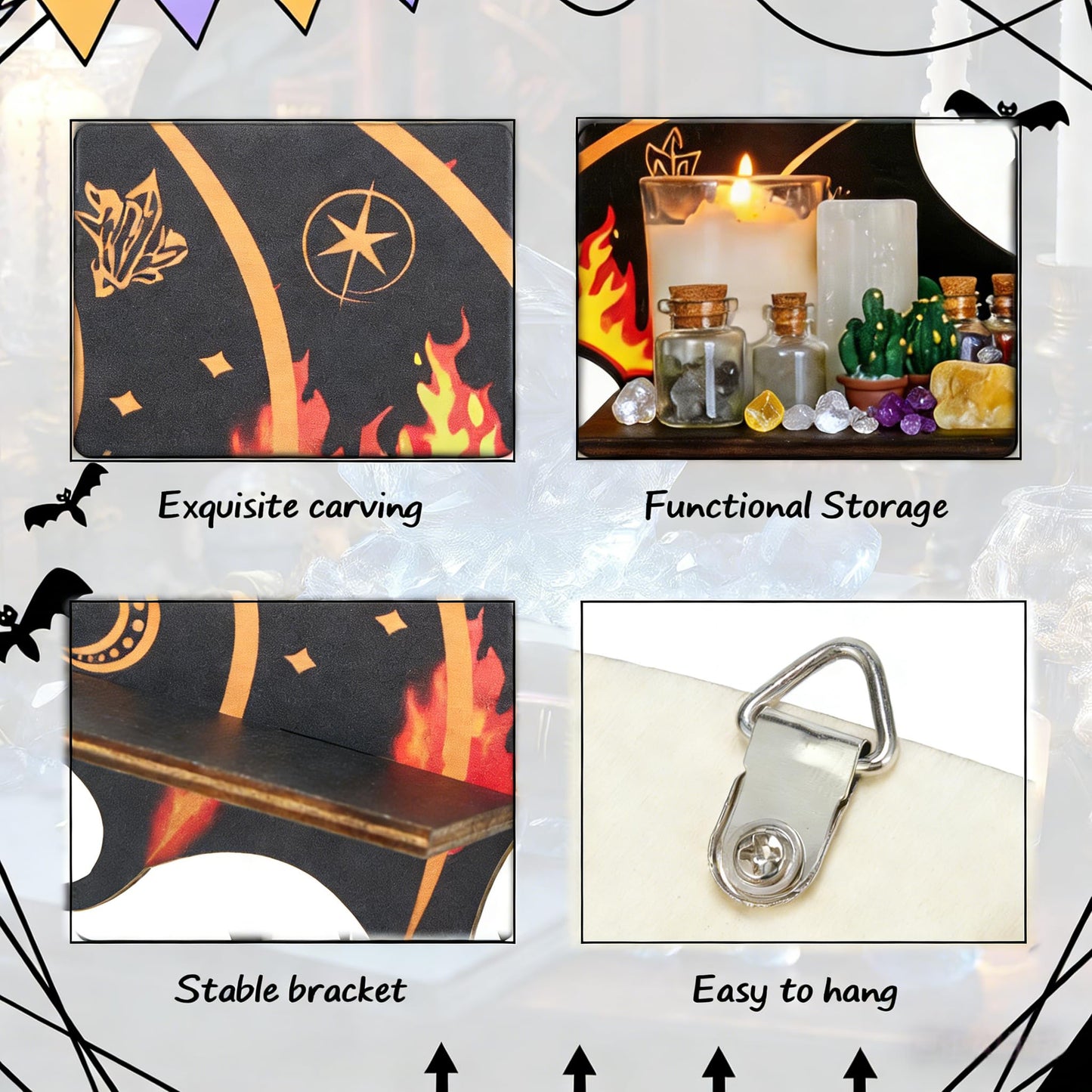 Gothic Evil Dragon Crystal Display Shelf for Wall, Wooden Trinket Holder Decor Witchy Shelf Rock Display Case Knick Knack Organizer, Wall Hanging Shelves for Essential Oil & Nail Polish (Dragon)