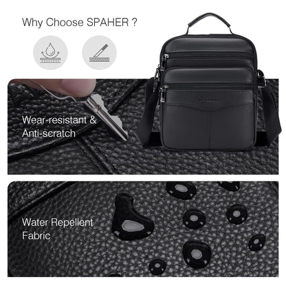 SPAHER Shoulder Bag Men Leather Handbag Business Messenger Backpack Crossbody Casual Tote Sling Travel Bag Document Bag with Top-Handle and Adjustable Strap Large Size