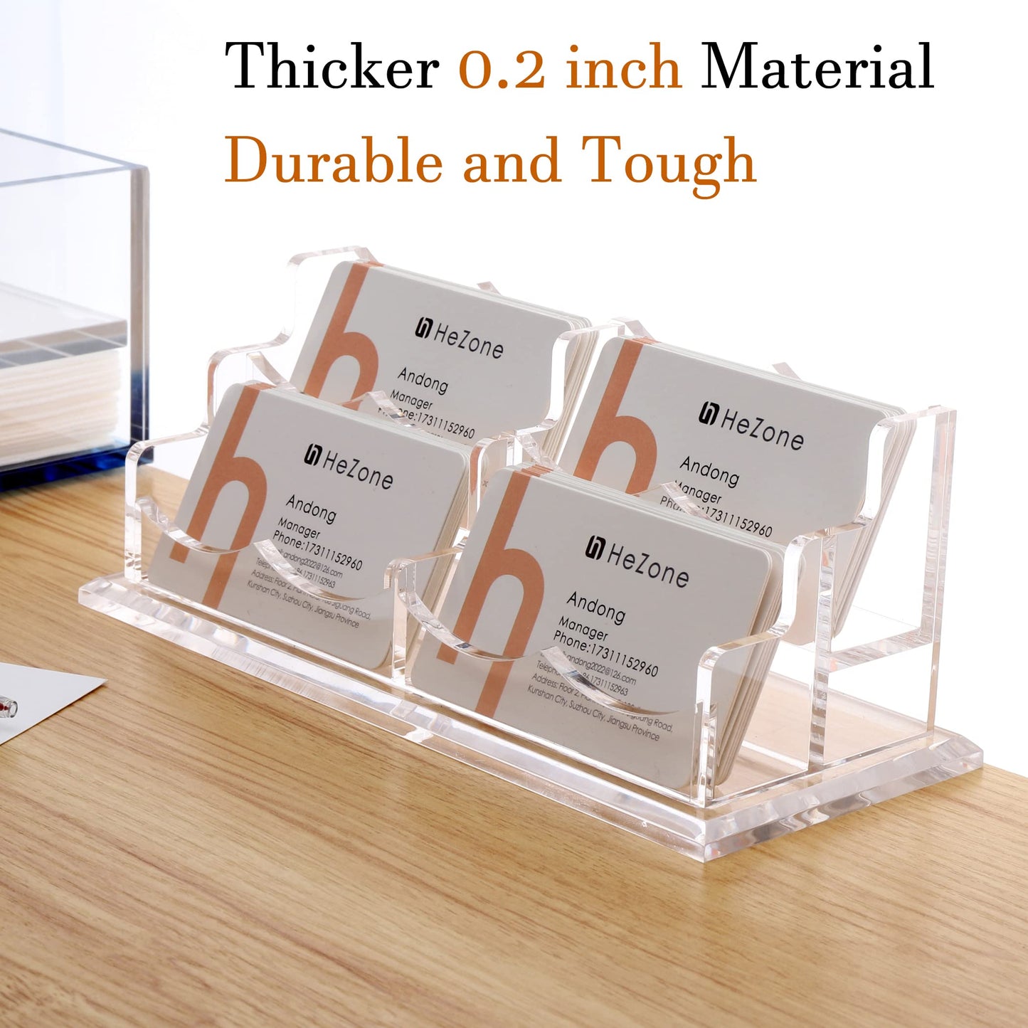 HeZone Business Card Holder Display for Desk, Cards Organizer Case for Women and Men 4 Slot 2 Tier, Clear Acrylic Business Card Stand Rack with 1 Pack (4 Grid-H)