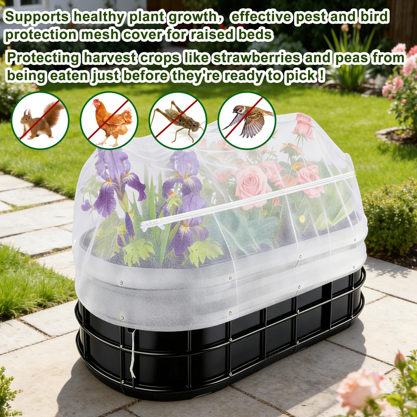 2 Pack Garden Netting for Raised Beds, Fine Mesh Bird Netting Barrier Screen with Zipper Drawstring Garden Bed Plant Cover for Protect Vegetable Fruits Crop from Animals Pest Insect, 2.3×2.3×2Ft